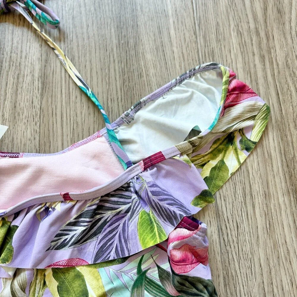 Beach Lingo Girl's Purple Palm Print Floral Off the Shoulder Bikini Top 16 NWT